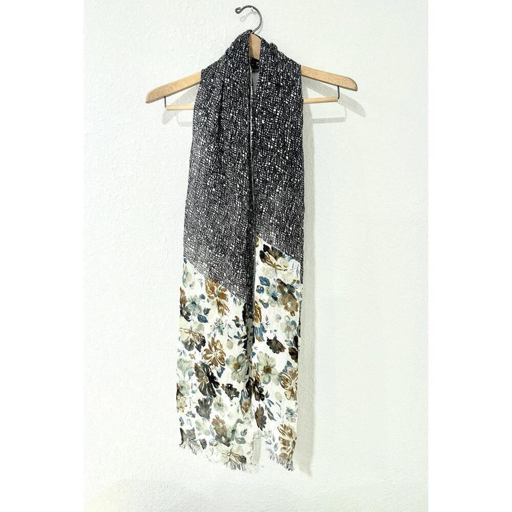 Womens Scarf Floral Theme Blue Black Brown Lightweight Fringe 100% Viscose